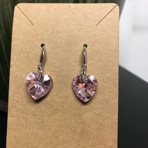 Womens Pink and Silver Austrian Crystal Heart Shaped Earrings